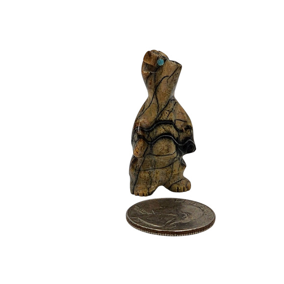 Native American Zuni Bear Fetish Picasso Marble Stone Turquoise Inlay Signed - Picture 3 of 16